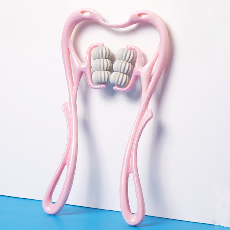 3 rollers pink neck shoulder massager with pressure on a white background 