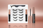 A collection of magnetic lashes, eyeliner, and tweezers presented in a beauty product advertisement. The image shows a pair of eyes with applied lashes, along with various products such as a tube of eyeliner and multiple sets of lashes in a box.
