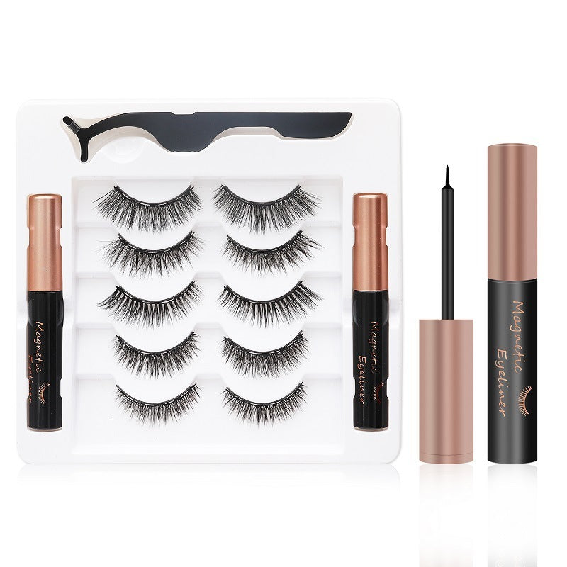 A collection of magnetic lashes, eyeliner, and tweezers presented in a beauty product advertisement. The image shows a pair of eyes with applied lashes, along with various products such as a tube of eyeliner and multiple sets of lashes in a box.