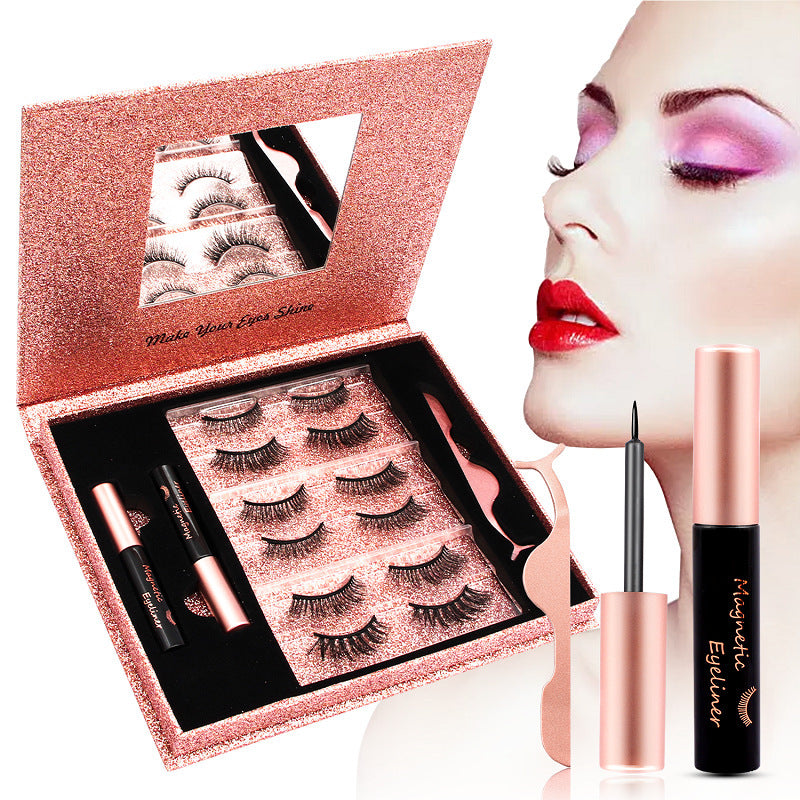A collection of magnetic lashes, eyeliner, and tweezers presented in a beauty product advertisement. The image shows a pair of eyes with applied lashes, along with various products such as a tube of eyeliner and multiple sets of lashes in a box.
