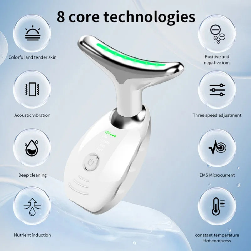 Glowing skincare tool with feature icons on a light blue background