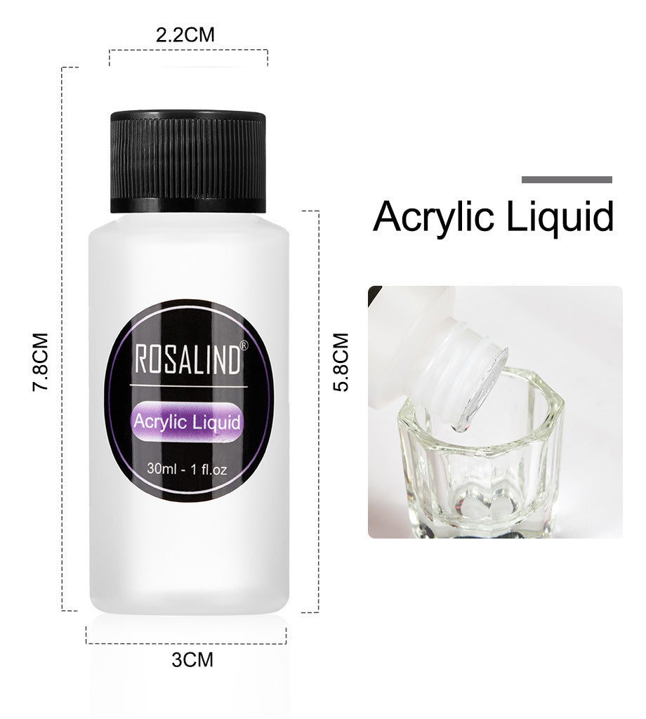 Bottle of Rosalind acrylic liquid with measurements and a close-up of the liquid in a glass.