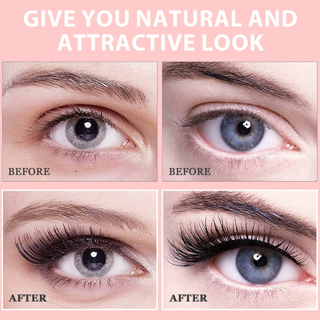 Before and after comparison of eye makeup application on a pink background