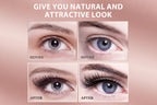 Before and after comparison of eye makeup application on a pink background