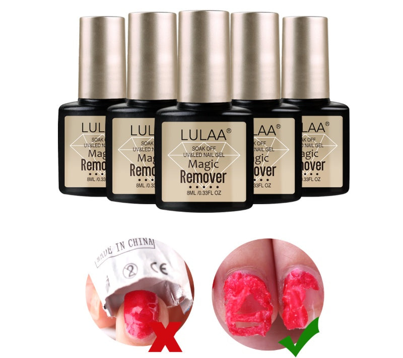 Set of nail magic remover bottles with before and after nail images.