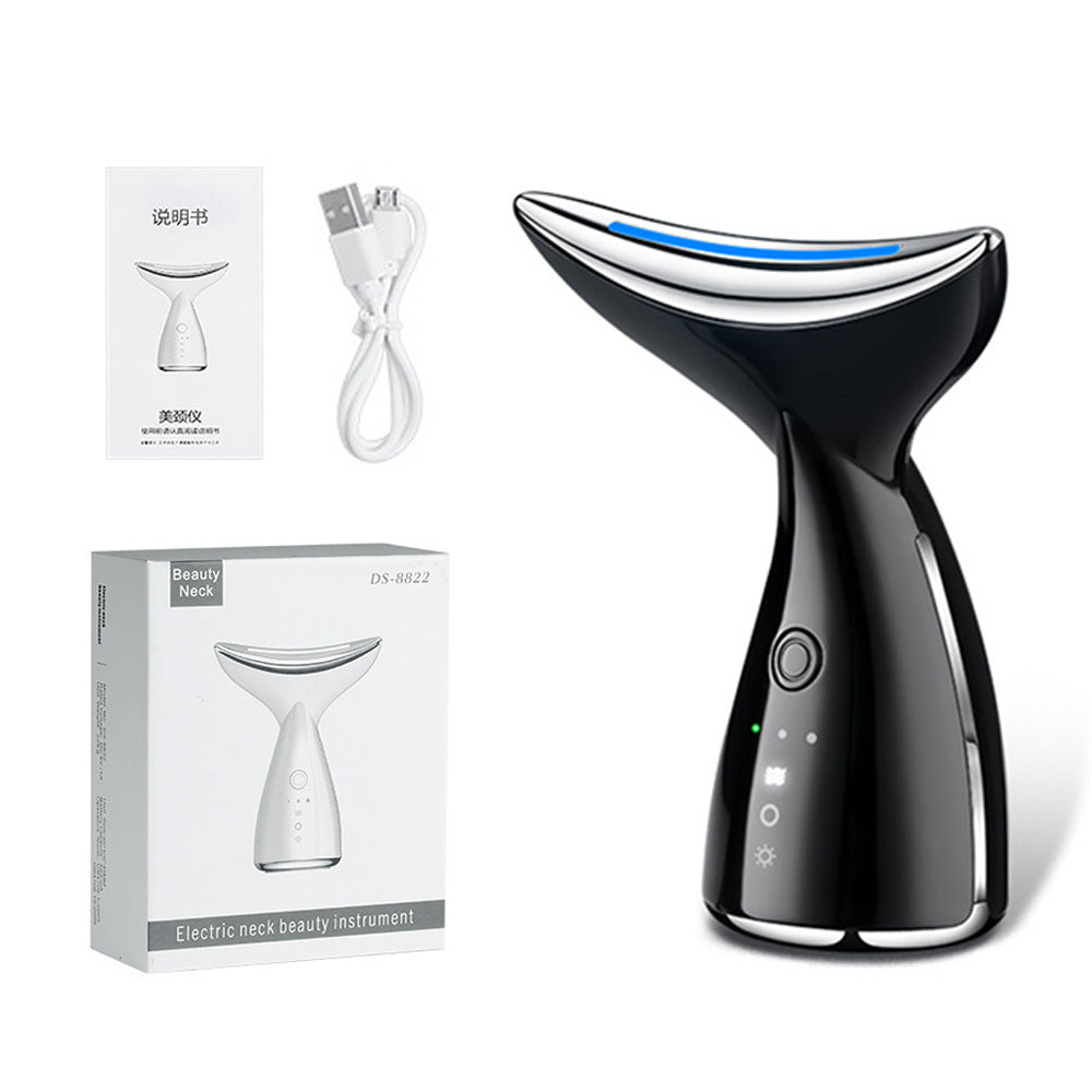 Black electric neck beauty instrument with packaging and USB cable on a white background