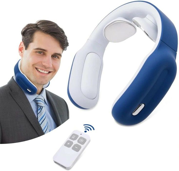 "Blue and white intelligent neck and shoulder massager with remote control."