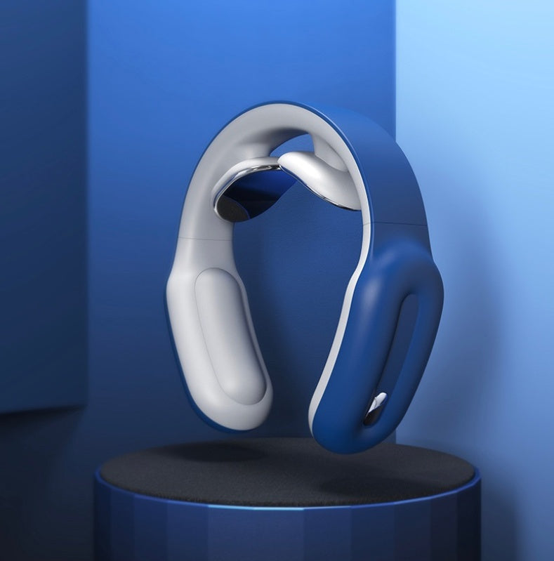 Blue and white headphones on a dark blue platform with a gradient background
