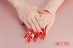 Hands with red nail polish on a white background