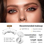 A white pod containing magnetic eyelashes with individual lash strips displayed in a circular arrangement. Includes an applicator tool and a pair of eyes with eyelashes applied to demonstrate usage.