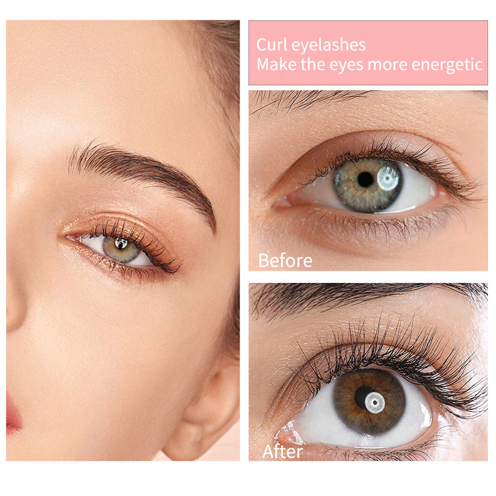 Before and after comparison of eyelashes with text highlighting eyelashes' impact on eye energy.