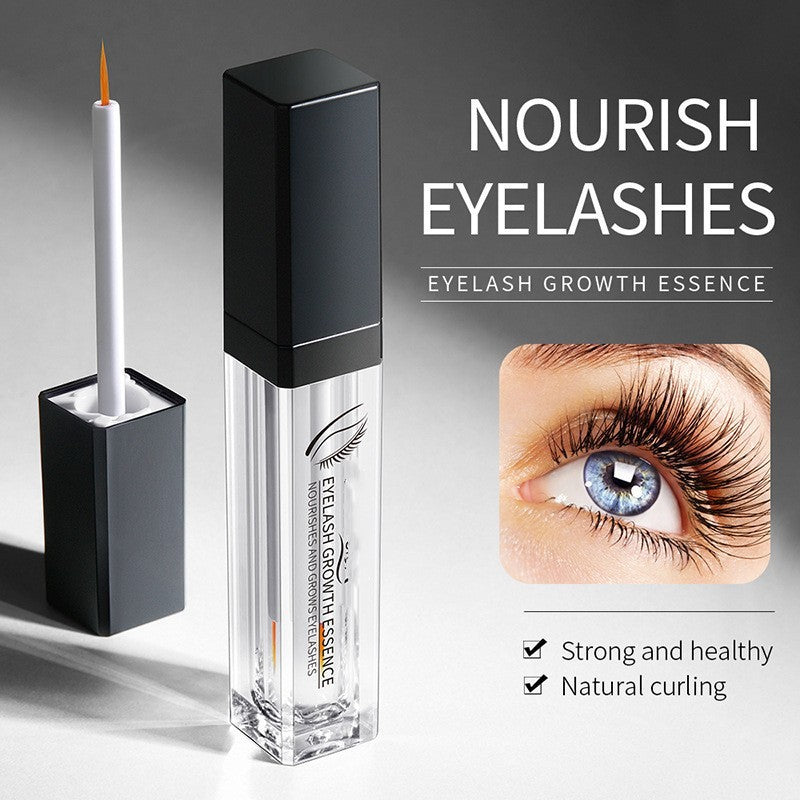"Eyelash growth essence with a close-up of an eye with longer eyelashes on a gray background.