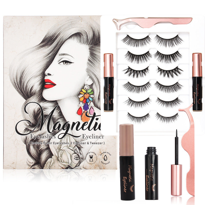 A collection of magnetic lashes, eyeliner, and tweezers presented in a beauty product advertisement. The image shows a pair of eyes with applied lashes, along with various products such as a tube of eyeliner and multiple sets of lashes in a box.