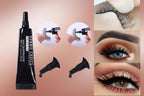 A collage of images showing a tube of black eyelash glue, with applications demonstrated on a person's eyelashes, and an eye close-up to show the results of using the glue.