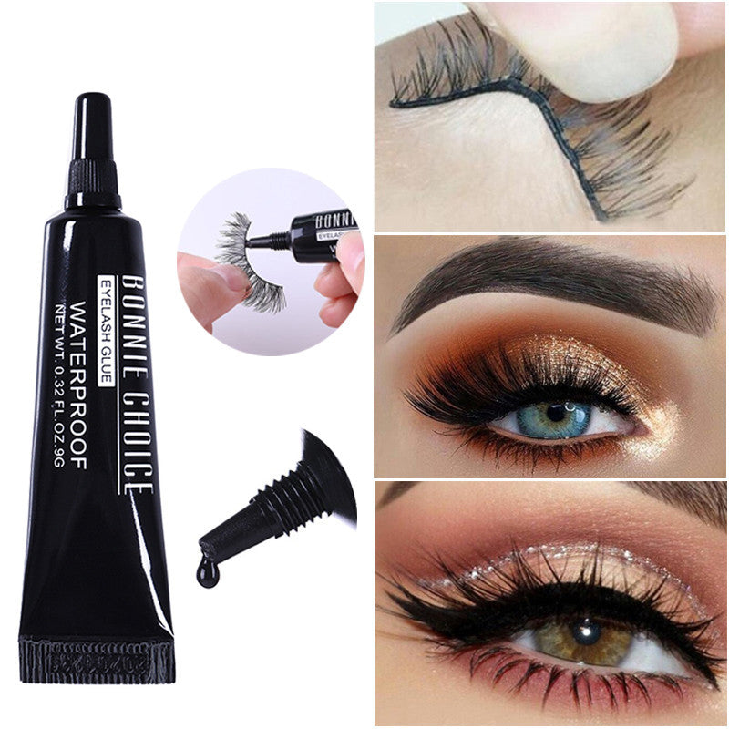 A collage of images showing a tube of black eyelash glue, with applications demonstrated on a person's eyelashes, and an eye close-up to show the results of using the glue.