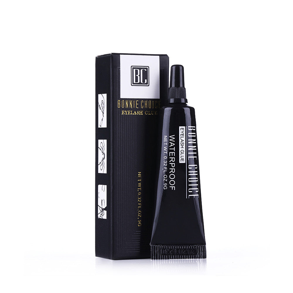 A collage of images showing a tube of black eyelash glue, with applications demonstrated on a person's eyelashes, and an eye close-up to show the results of using the glue.