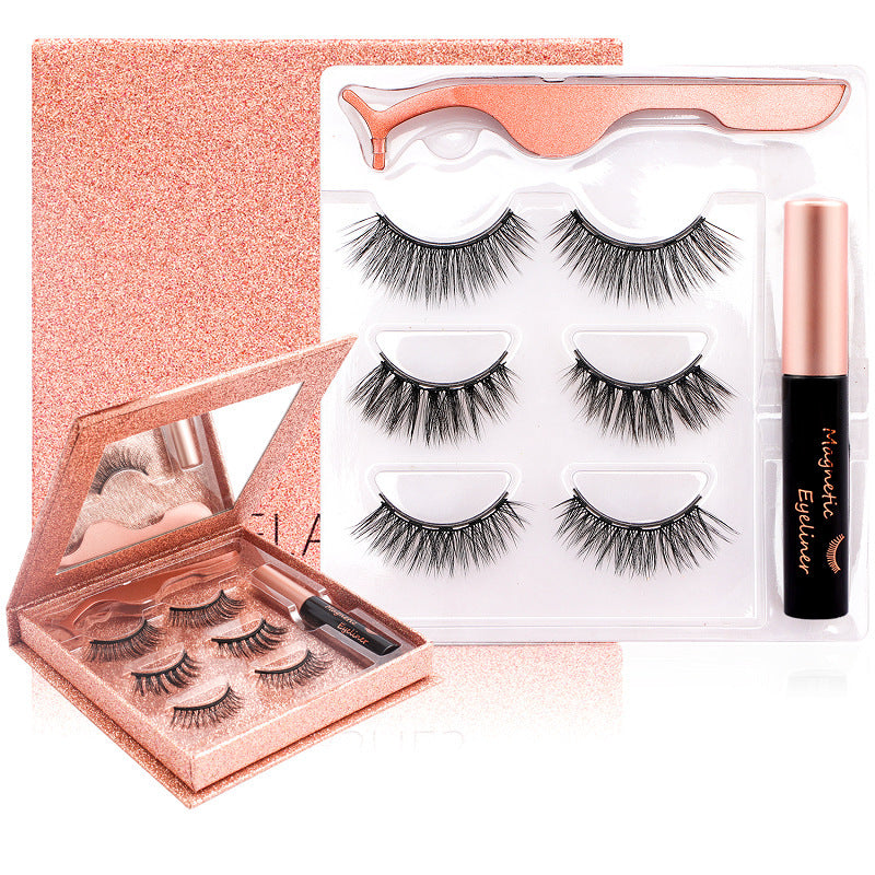 A collection of magnetic lashes, eyeliner, and tweezers presented in a beauty product advertisement. The image shows a pair of eyes with applied lashes, along with various products such as a tube of eyeliner and multiple sets of lashes in a box.