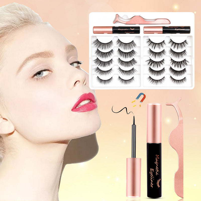 A collection of magnetic lashes, eyeliner, and tweezers presented in a beauty product advertisement. The image shows a pair of eyes with applied lashes, along with various products such as a tube of eyeliner and multiple sets of lashes in a box.