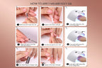 Step-by-step guide on how to apply MSHARE poly gel with close-up images of hands and gel application tools.