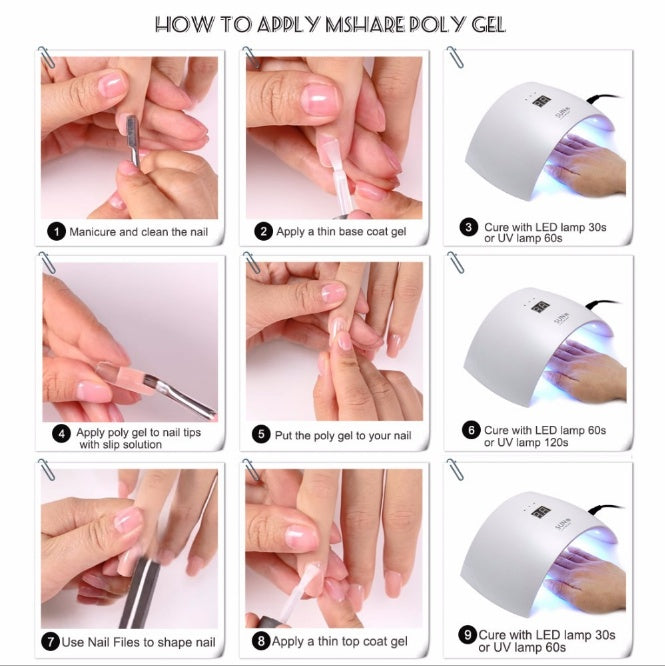 Step-by-step guide on how to apply MSHARE poly gel with close-up images of hands and gel application tools.