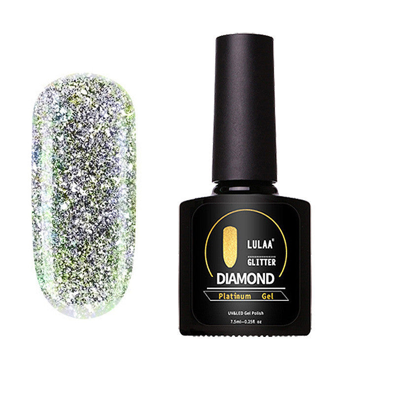 A bottle of Lula brand nail polish with a glitter diamond effect, labeled as 'Glitter Diamond'.