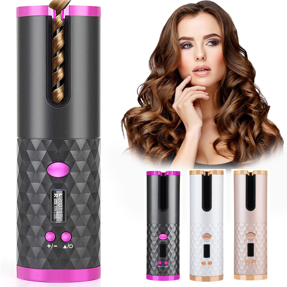 Hair styling tool with geometric pattern and pink accents, shown with a woman with styled hair.