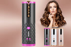 Hair styling tool with geometric pattern and pink accents, shown with a woman with styled hair.