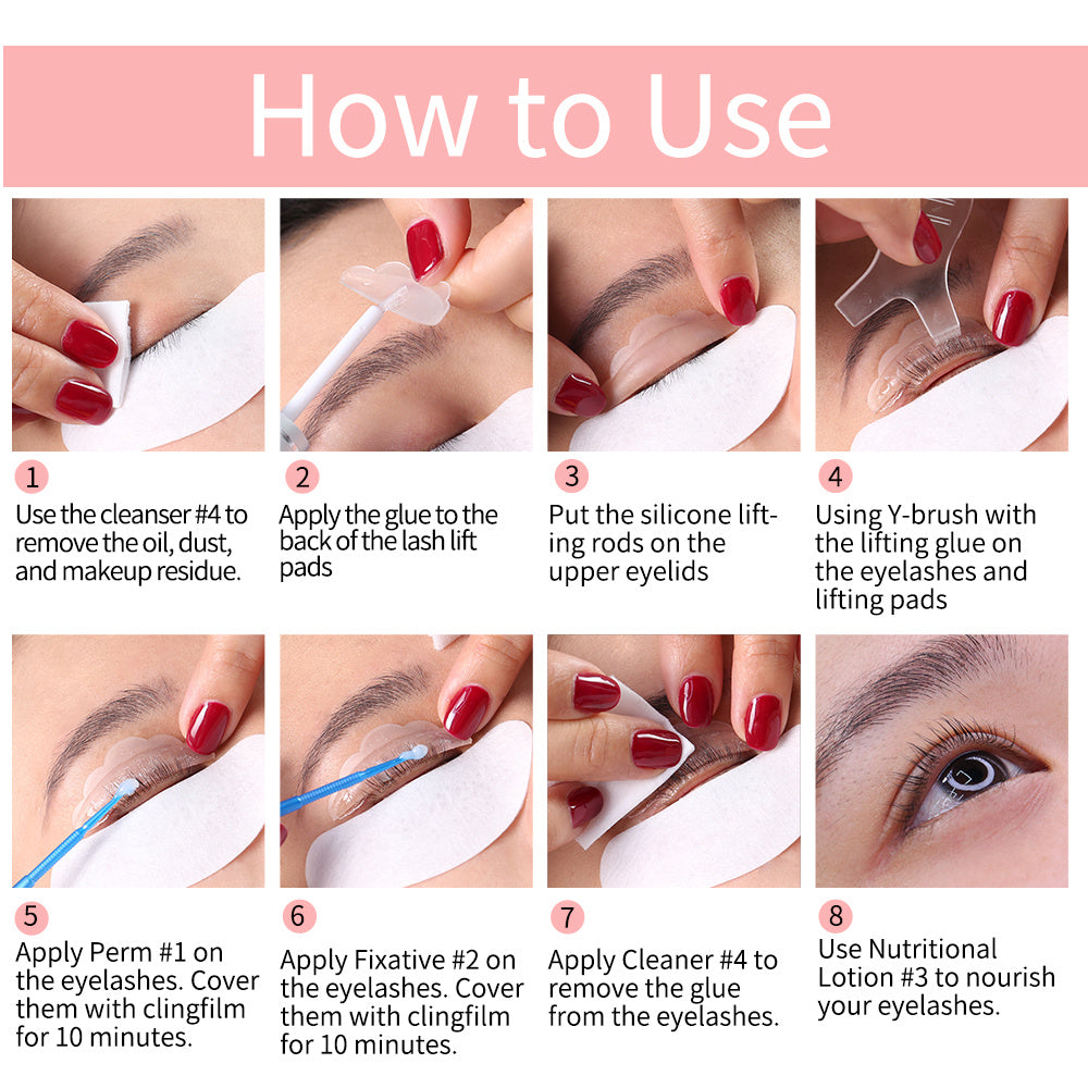 Step-by-step guide on how to use eyelash extensions with close-up shots of hands and eyes.