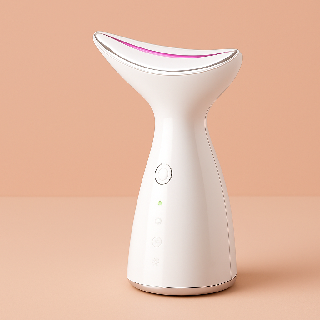 White facial wrinkles tighten skin tool with a pink light on a beige background