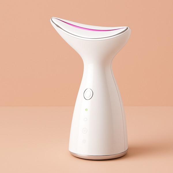 White facial wrinkles tighten skin tool with a pink light on a beige background