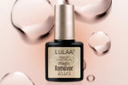 A bottle of LULAA brand nail polish remover with a clear liquid displayed alongside a close-up view of a fingernail with red nail polish being removed.