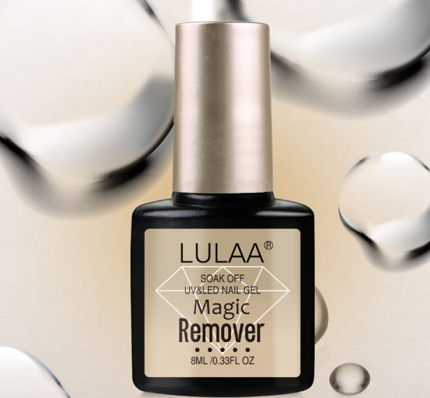 A bottle of LULAA brand nail polish remover with a clear liquid displayed alongside a close-up view of a fingernail with red nail polish being removed.