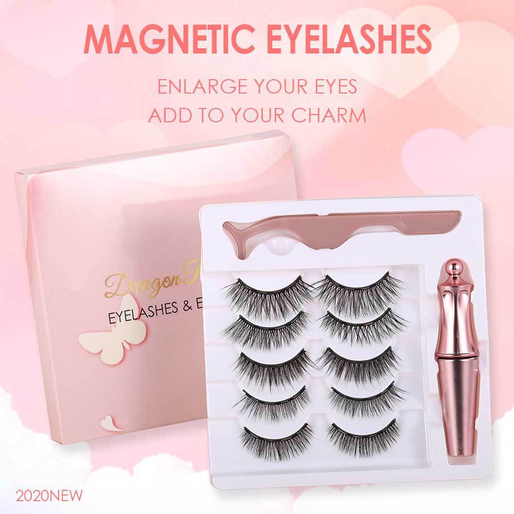 A magnetic eyelashes kit with five pairs of lashes, eyeliner, and tweezer presented in a pink box with '2020NEW' indicating the product is for that year.