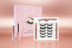 Eyelash and eyeliner set with magnetic feature, including packaging and tools on a white background.