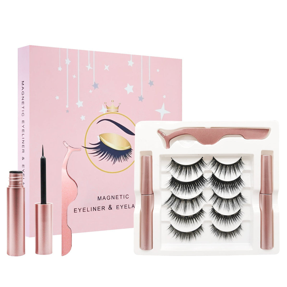 Eyelash and eyeliner set with magnetic feature, including packaging and tools on a white background.