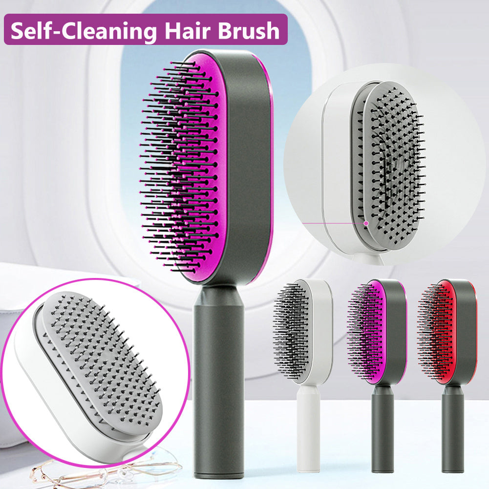 Self-Cleaning Hair Brush with pink, white ,red,bristle heads on a white background