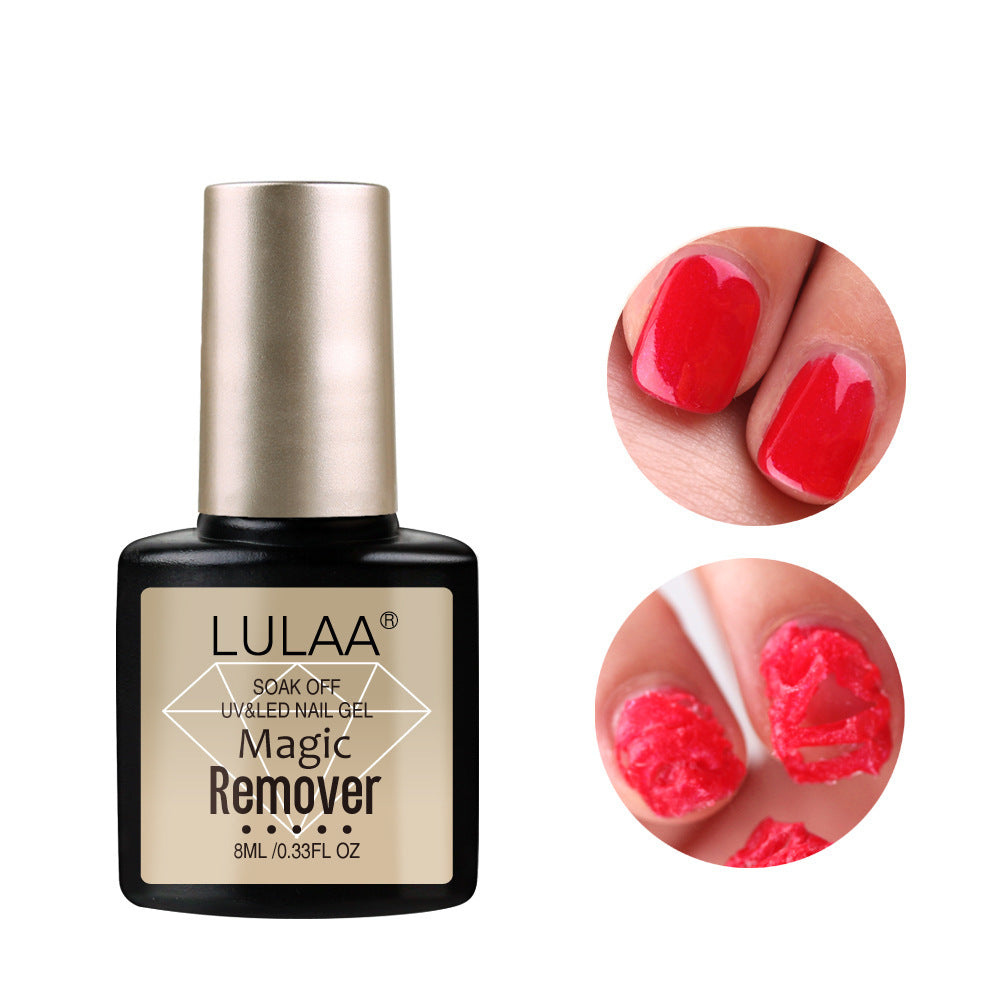 A bottle of LULAA brand nail polish remover with a clear liquid displayed alongside a close-up view of a fingernail with red nail polish being removed.