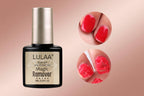 A bottle of LULAA brand nail polish remover with a clear liquid displayed alongside a close-up view of a fingernail with red nail polish being removed.