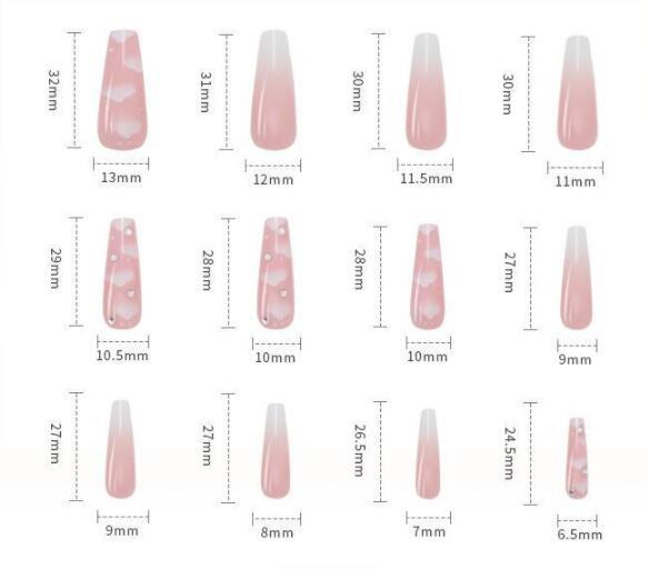 "Set of pink cloud ballerina nails arranged by shape and size."