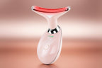 For a neck and face wrinkle remover device, showing a woman using the device on her neck and a depiction of the device in different colors.