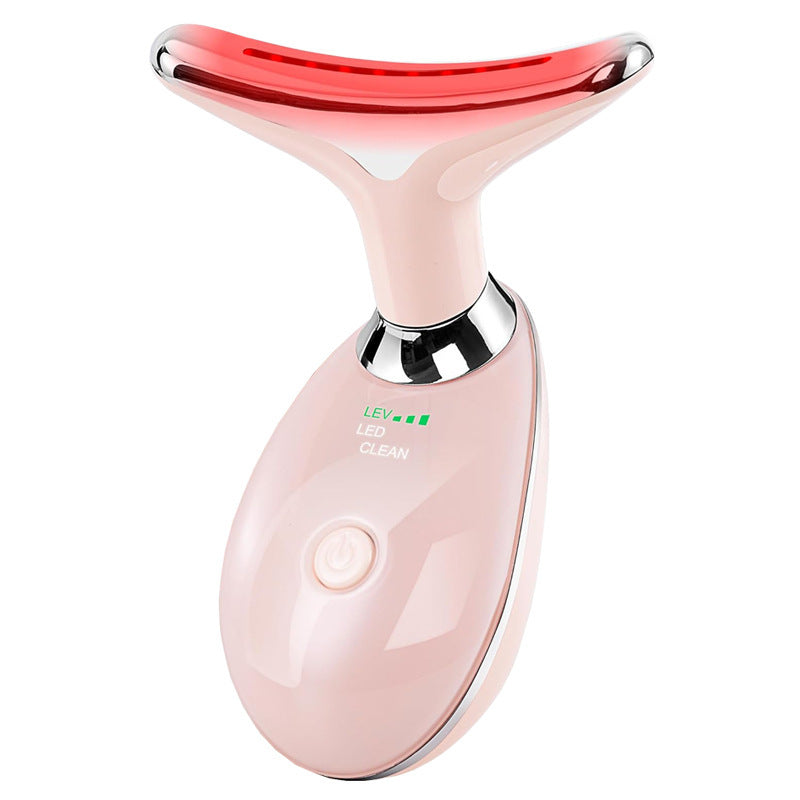 For a neck and face wrinkle remover device, showing a woman using the device on her neck and a depiction of the device in different colors.