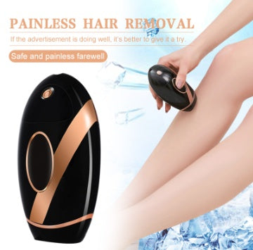 Painless hair removal device with a person using it on their leg, set against a light blue background.