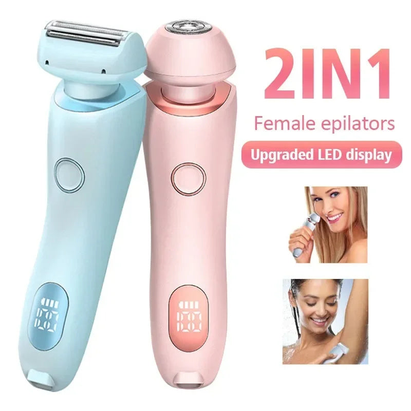 2-in-1 female epilators in blue and pink with upgraded LED display on a white background.