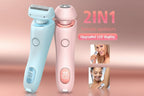 2-in-1 female epilators in blue and pink with upgraded LED display on a white background.