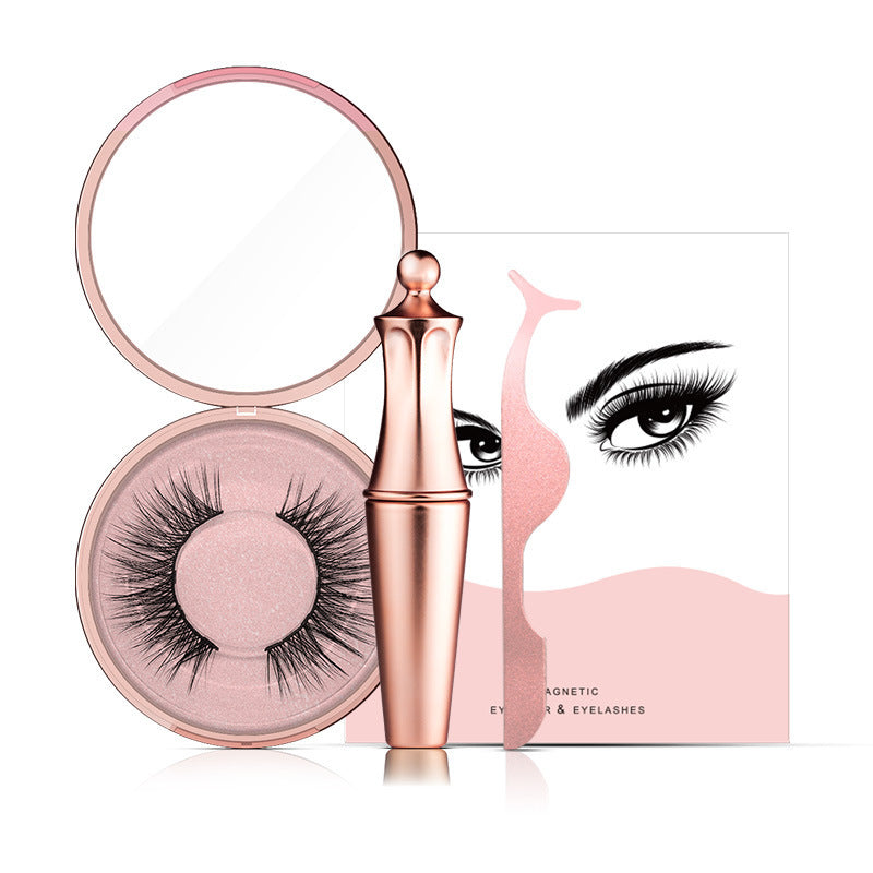 A set of magnetic eyelashes with tweezers and a magnifying mirror, presented on a pink background with an illustration of a woman's face emphasizing the eye area.