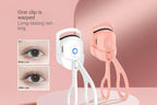 Two eyelash extensions clips, one white and one pink, with before and after usage images on a pink background.