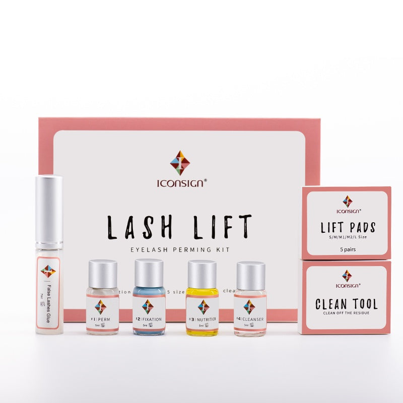 ICONSIGN Lash Lift Eyelash Perm Kit with various products including bottles of lotion and a set of eyelash lift pads.