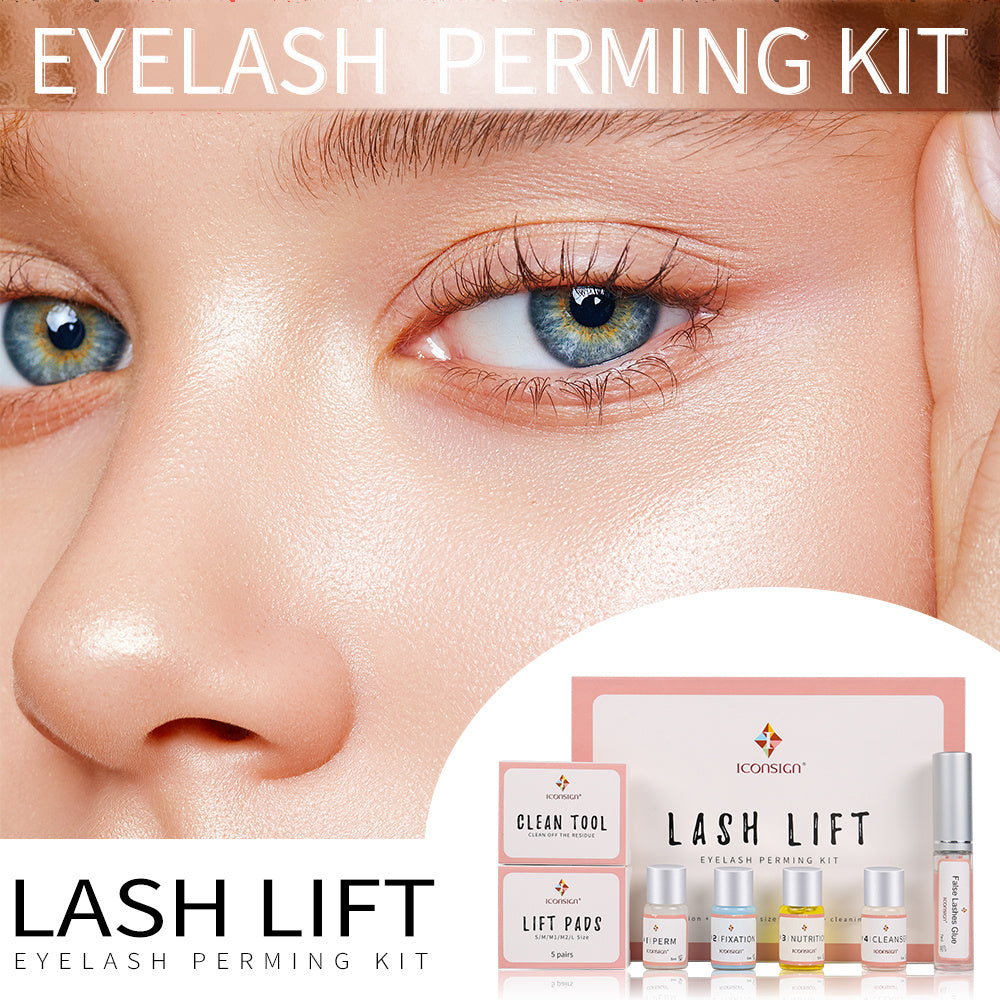 Eyelash perming kit with eye close-up and product packaging.