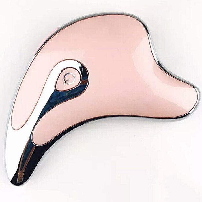 Pink and black Gua Sha tool on a white background