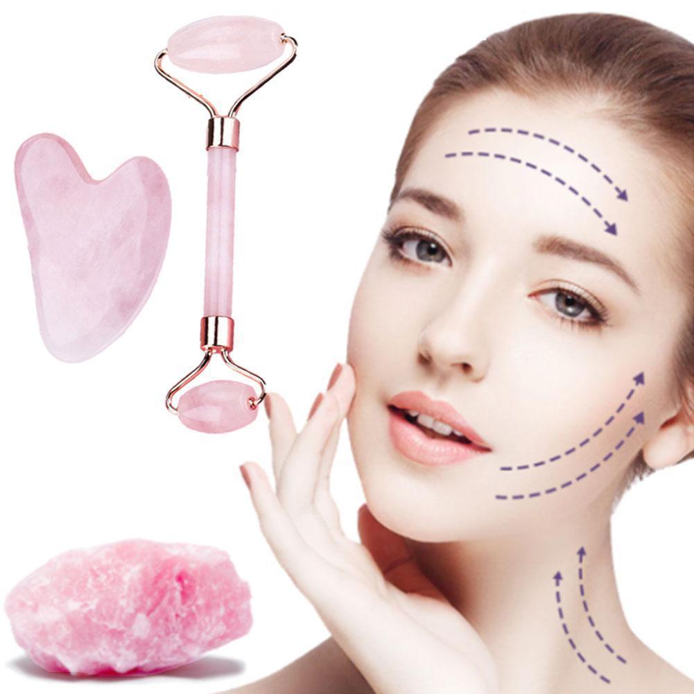 Facial roller, gua sha tool, and pink stone with a woman applying them to her face.